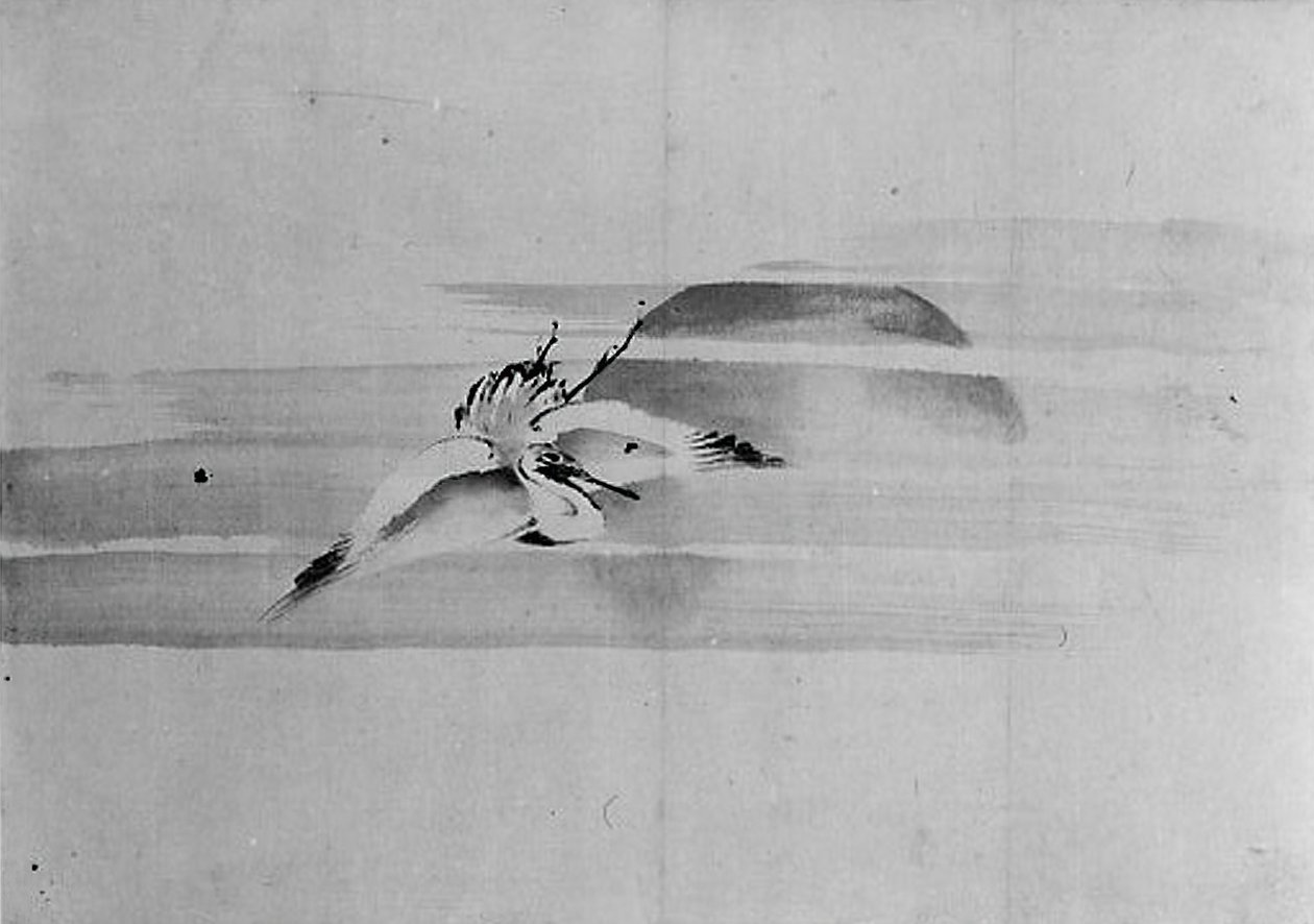 Jeřáb a slunce, 19. století. od Hokusai School.