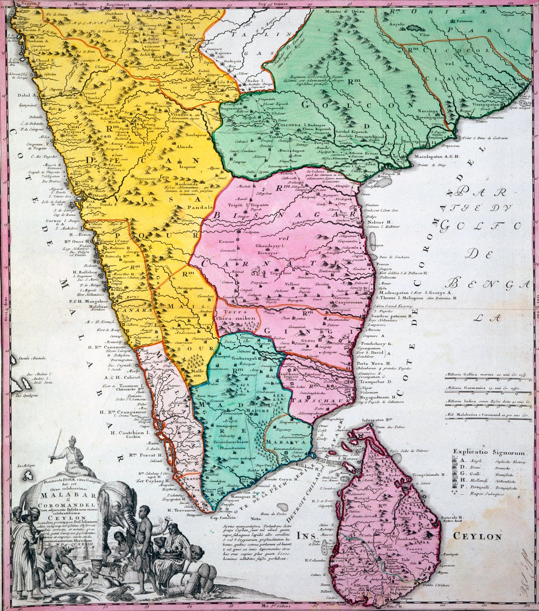 Mapa Indického poloostrova, 1733 (ručně kolorovaná rytina) od Homann Heirs Company