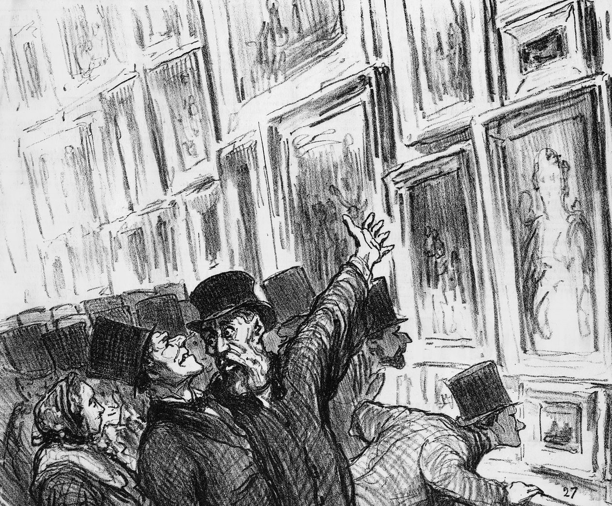 Umělec je utěšován na pařížském salonu v roce 1859 pozicí jeho díla na výstavě, karikatura z časopisu „Le Charivari“, 20. dubna 1859 od Honoré Daumier