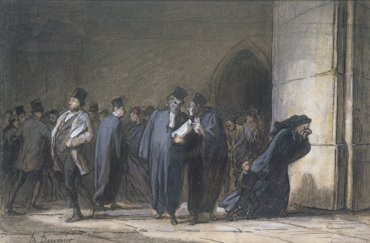 V Justičním paláci, c.1862-65 (pero a inkoust, kvaš a wc na papíře) od Honoré Daumier