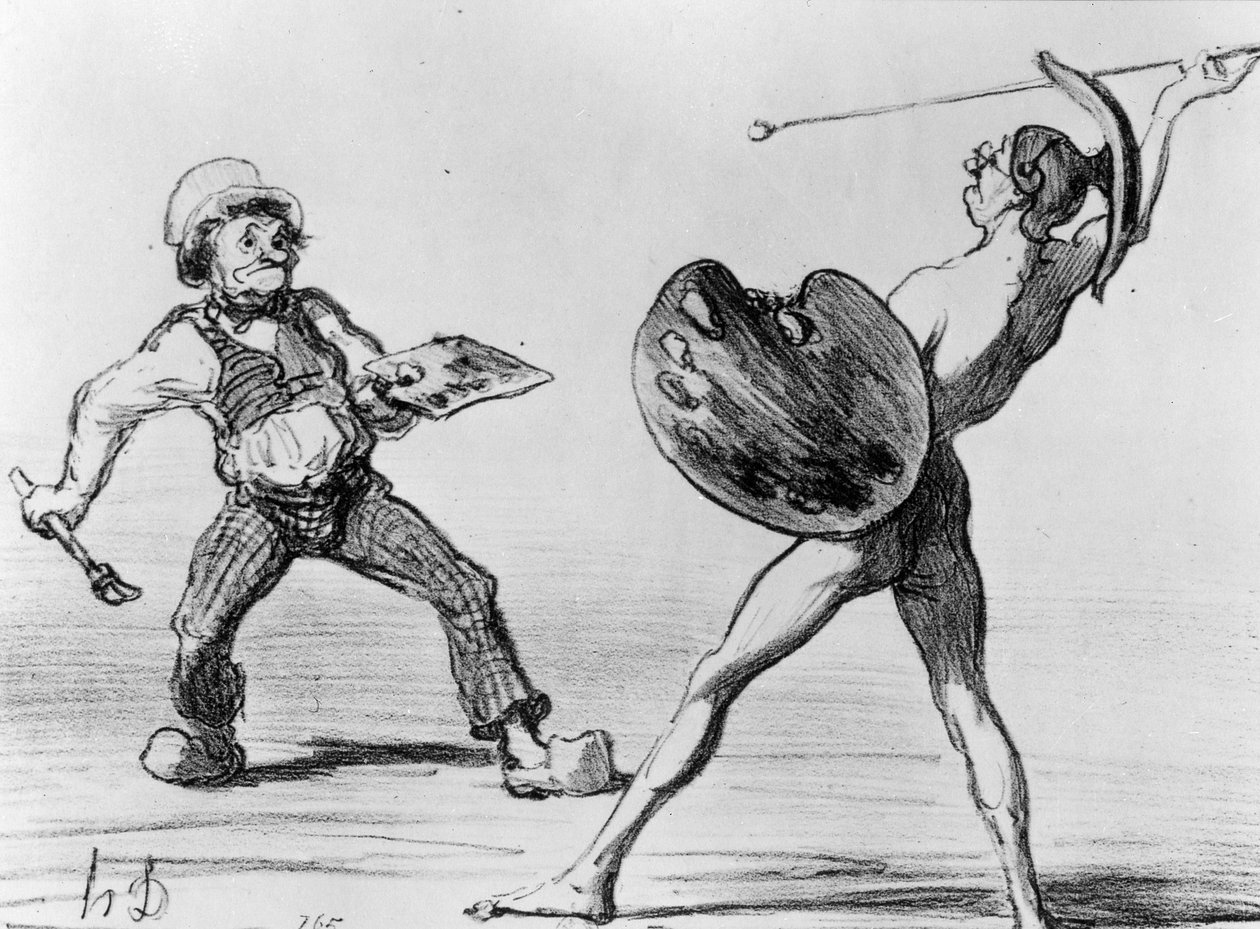 "Bitva škol - idealismus a realismus", ilustrace ze série "Fantaisies", publikováno v "Charivari", 24. dubna 1855. od Honoré Daumier