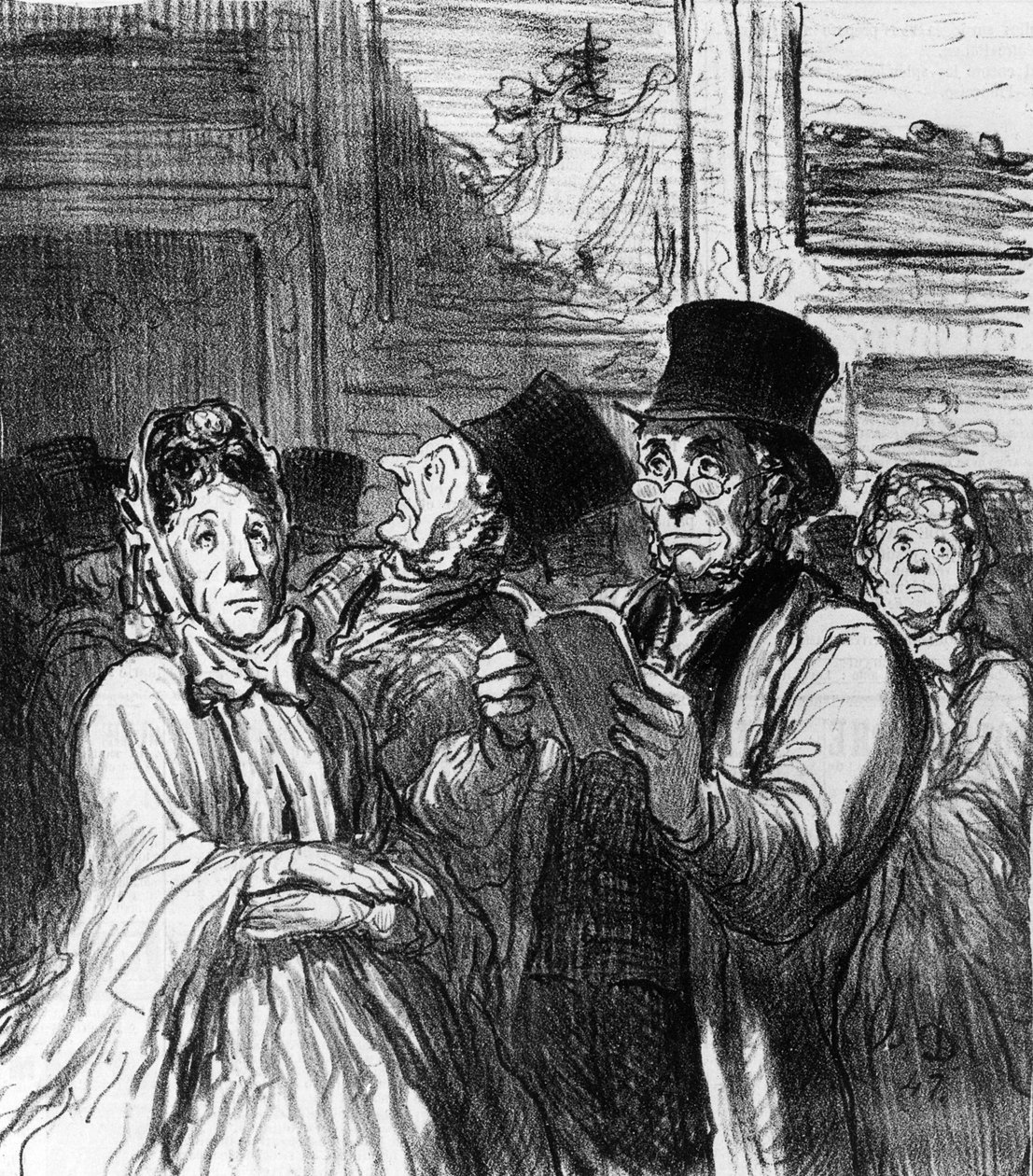 Karikatura návštěvníků umělecké výstavy před obrazem Gustava Moreaua z „Le Charivari“, 3. června 1864 od Honoré Daumier