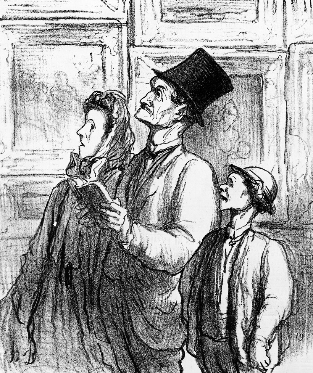 Rodina navštěvující pařížský salon z roku 1863 a komentující obraz „Olympia“ od Maneta, karikatura z časopisu „Charivari“, 19. června 1865 od Honoré Daumier
