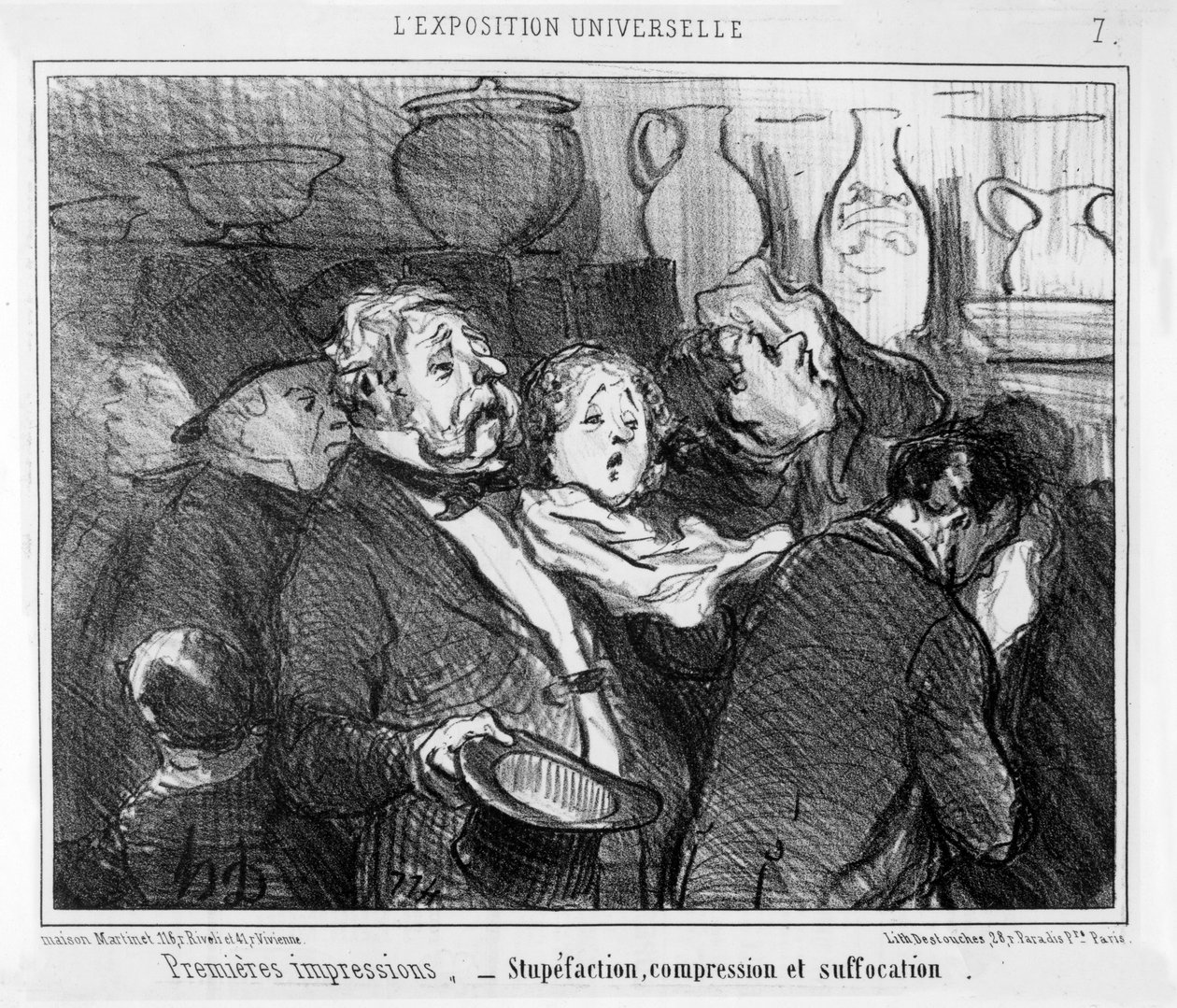 "Stupefaction, Compression and Suffocation, First Impressions at the Paris Universal Exhibition", karikatura ze série "Exposition Universelle", publikováno v "Le Charivari", 24. května 1855. od Honoré Daumier