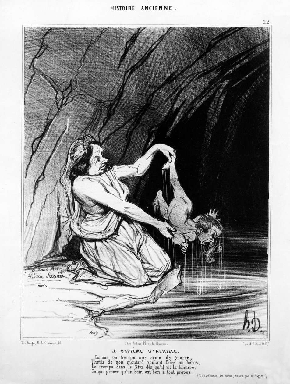 Křest Achilleův, zveřejněno v "Le Charivari", 28. srpna 1842. od Honoré Daumier