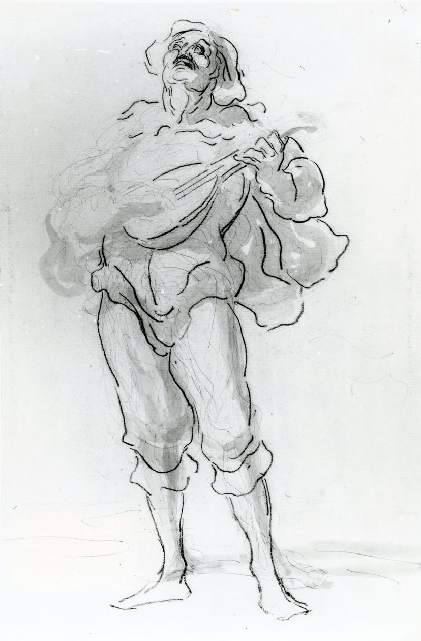 Lute Player (pero a inkoust) od Honoré Daumier