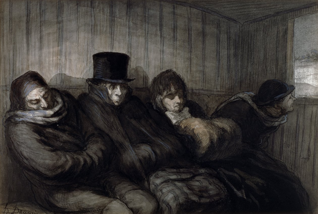 The Second Class Carriage, 1864 (wc, inkoustové mytí a dřevěné uhlí na papíře) od Honoré Daumier