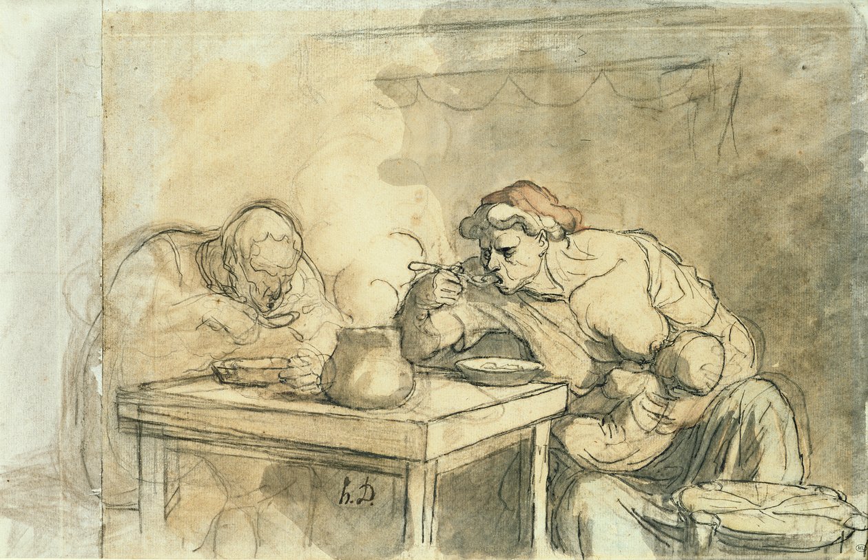 The Soup, c.1862-65 (pero a inkoust, wc a tužka na papíře) od Honoré Daumier