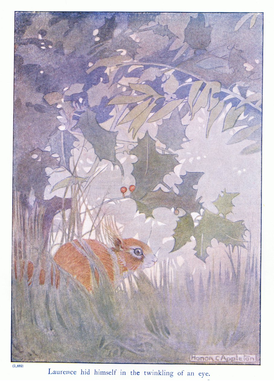 Laurence se skryl v mžiku oka, ilustrace z „Více o veverkách“ od Eleanor Tyrell, kolem roku 1915 (barevné lito) od Honor Charlotte Appleton