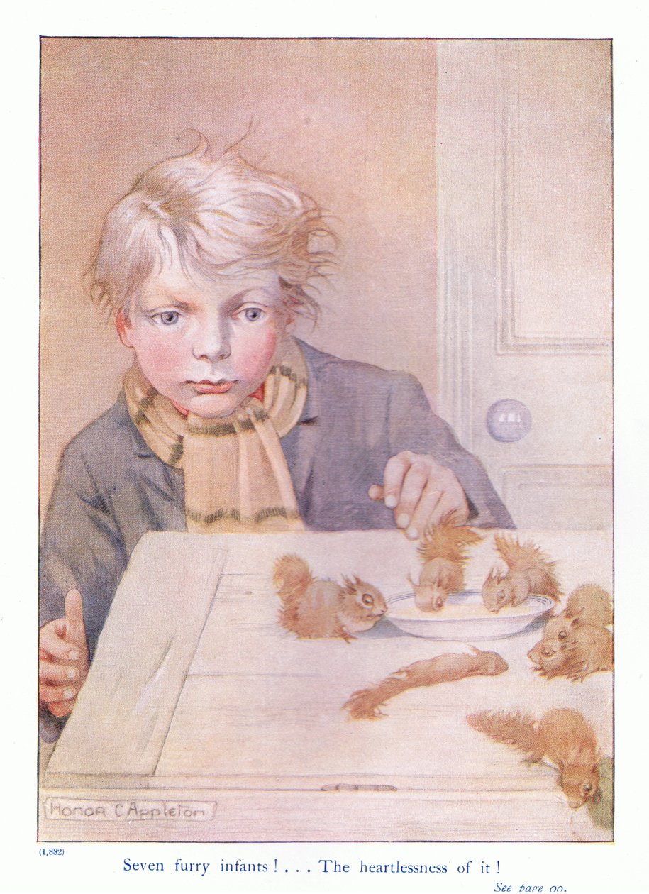 Sedm chlupatých nemluvňat, ilustrace z „Více o veverkách“ od Eleanor Tyrell, kolem roku 1915 (barevné lito) od Honor Charlotte Appleton