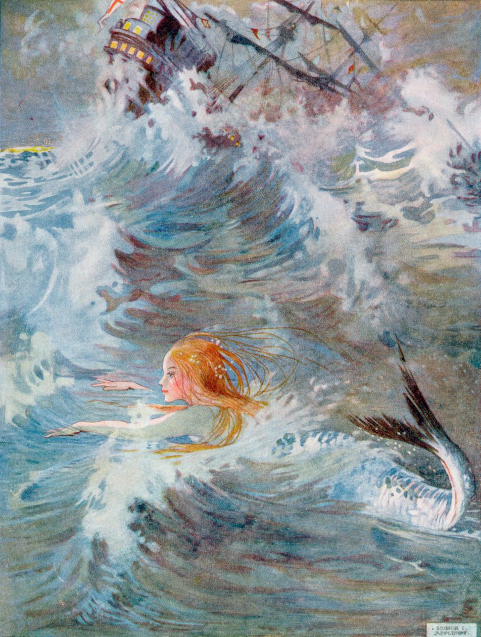 Ponořila se hluboko pod vodu, znovu povstala mezi vlnami, z filmu „Malá mořská víla“ v edici „Fairy Stories“ od Hanse Christiana Andersena (1805-75) 1920 (akvarel na papíře) od Honor Charlotte Appleton