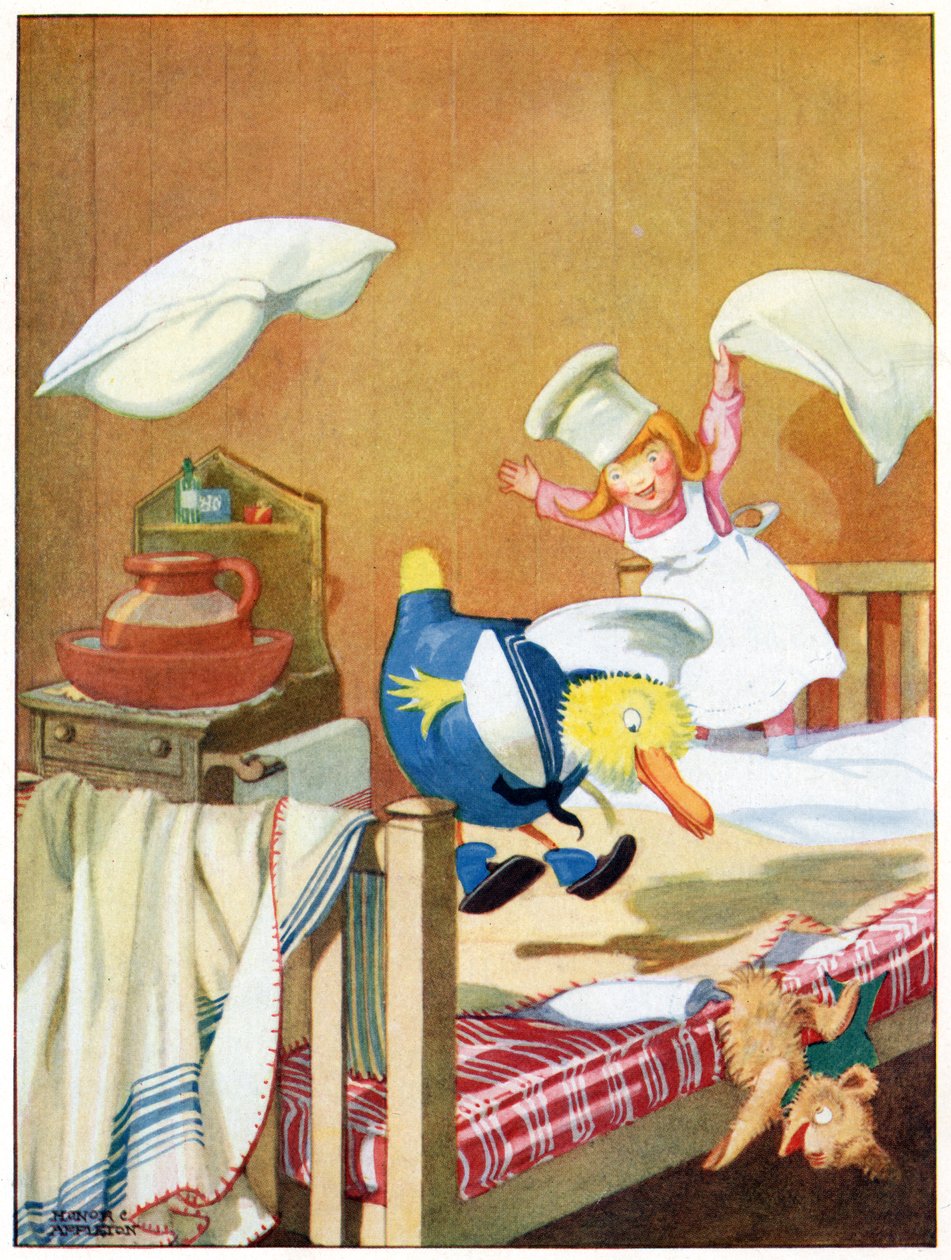 Footmen se honili přes postele, ilustrace z „Josephine Keeps House“, vydaného nakladatelstvím Blackie & Co. od Honor Charlotte Appleton