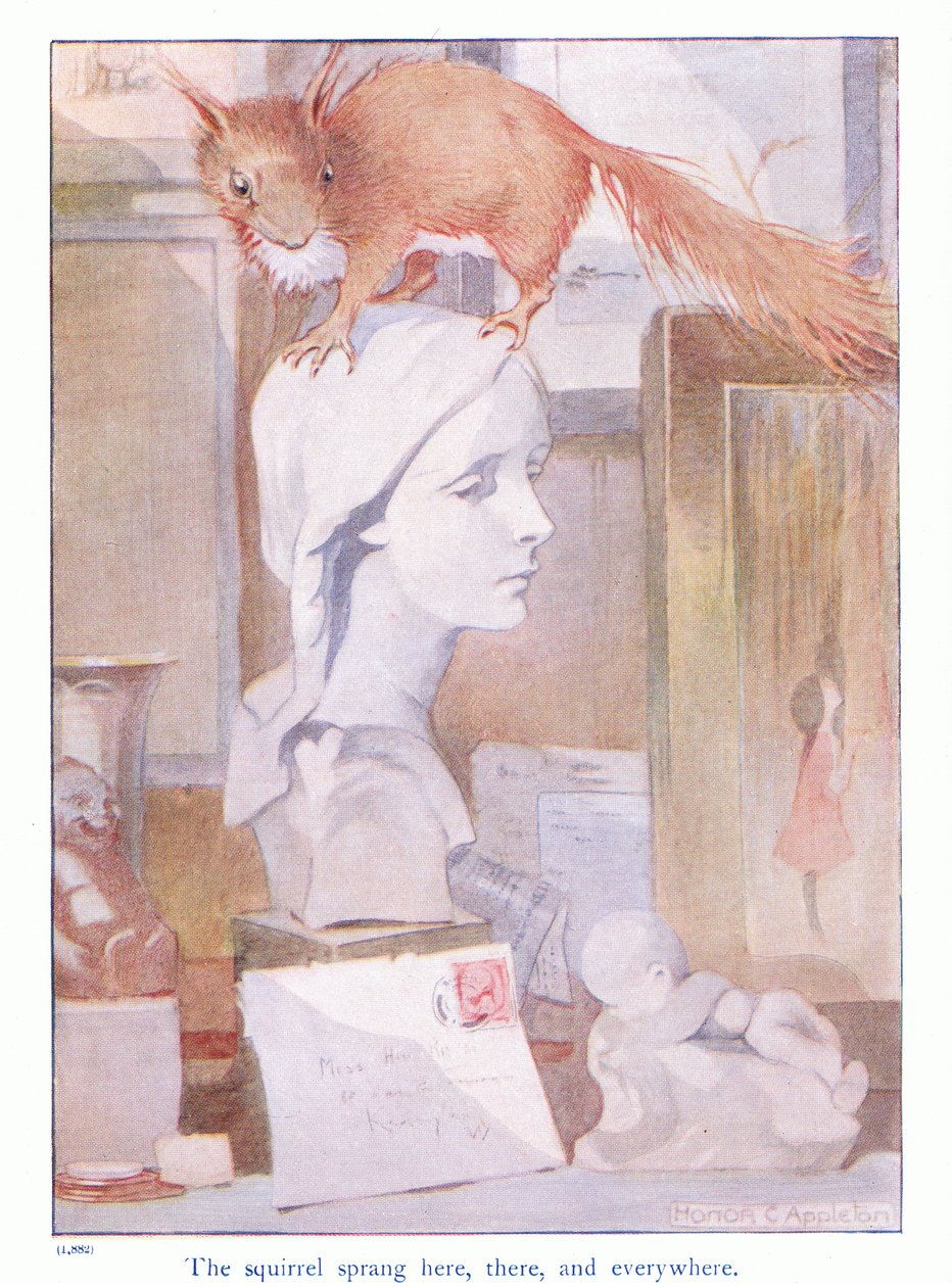 Veverka vyskočila sem, tam a všude, ilustrace z „Více o veverkách“ od Eleanor Tyrell, kolem roku 1915 (barva litho) od Honor Charlotte Appleton