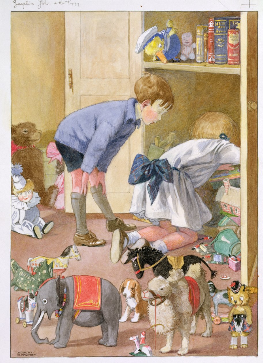 „Lovili jsme ve skříni a nakonec jsem ho našel“, ilustrace z „Josephine, John and the Puppy“ od paní H.C. Cradock, hospoda. od Blackieho a syna od Honor Charlotte Appleton