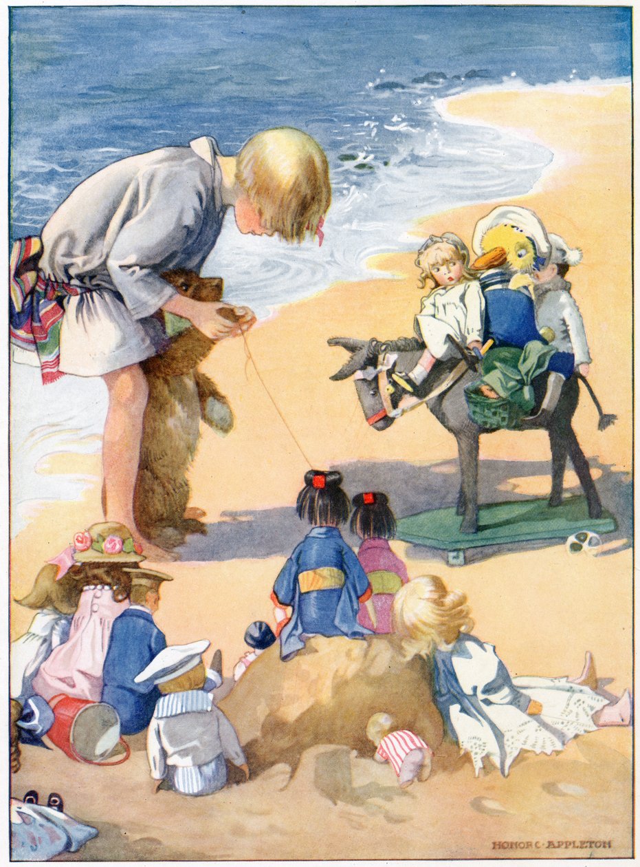 „Udělali jsme z Big Teddyho oslíka“, ilustrace z „Josephine is Busy“ od H.C. Cradock, vydavatelství Blackie & Son, Ltd. (barevné lito) od Honor Charlotte Appleton