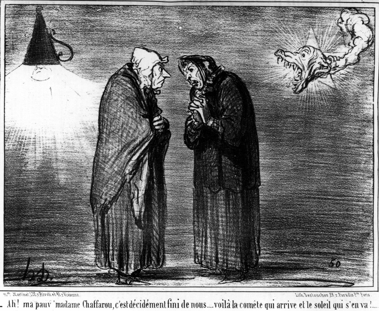 - Ach! Má ubohá madame Chaffarou, je to s námi definitivně... tady je kometa přicházející a slunce odcházející, karikatura od Honore Daumiera (1808-1879). "Serenáda" od Honoré Daumier