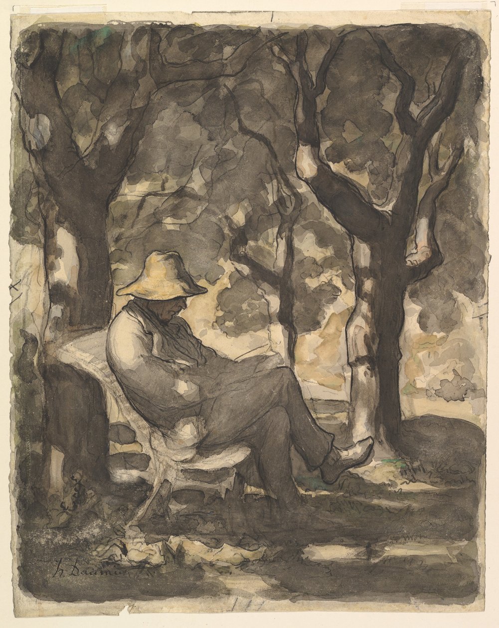 A Man Reading in a Garden recto, Předběžná skica pro Man Reading in a Garden v..., ca. 1865. od Honoré Daumier