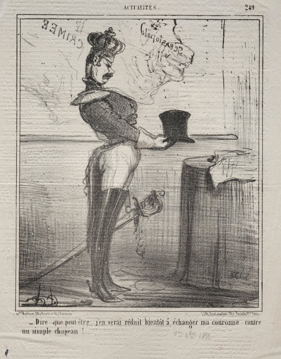 Aktuality č. 249: Říká se, že se brzy snížím k výměně koruny..., 1855. od Honoré Daumier