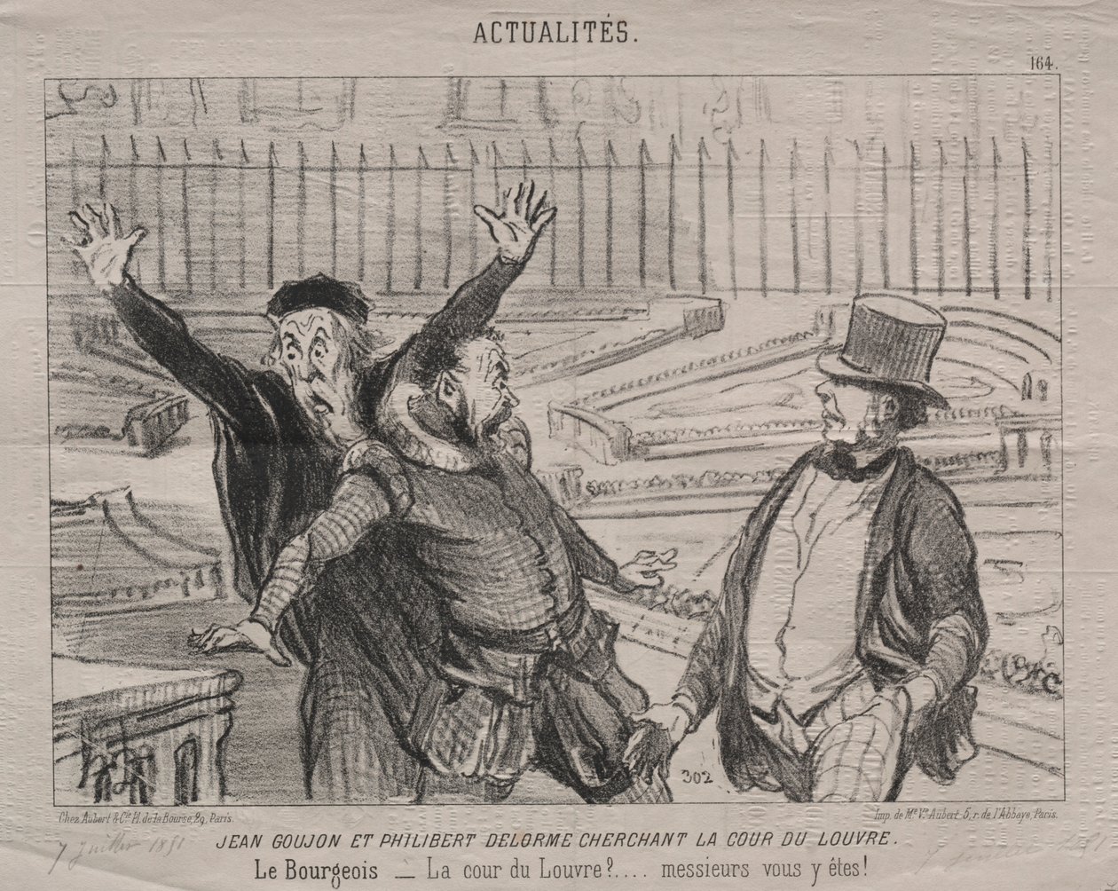 Aktuality deska 164: Jean Goujon a Philibert Delorme hledající nádvoří Louvru. od Honoré Daumier