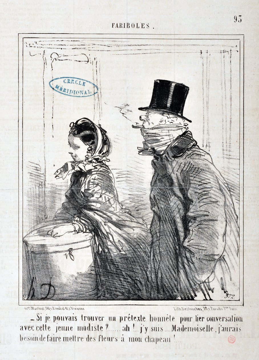Umělecké dílo od Honore Daumiera (1808-1879) Charivari: Serie FARIBOLES „“ -Našel bys upřímnou záminku k propojení konverzace s touto mladou modelkou?... Ach! Jsem tady... slečno, musím si dát květiny na klobouk!“ MUZEUM VÝTVARNÉHO UMĚNÍ - PALACE LONGCHAMP od Honoré Daumier