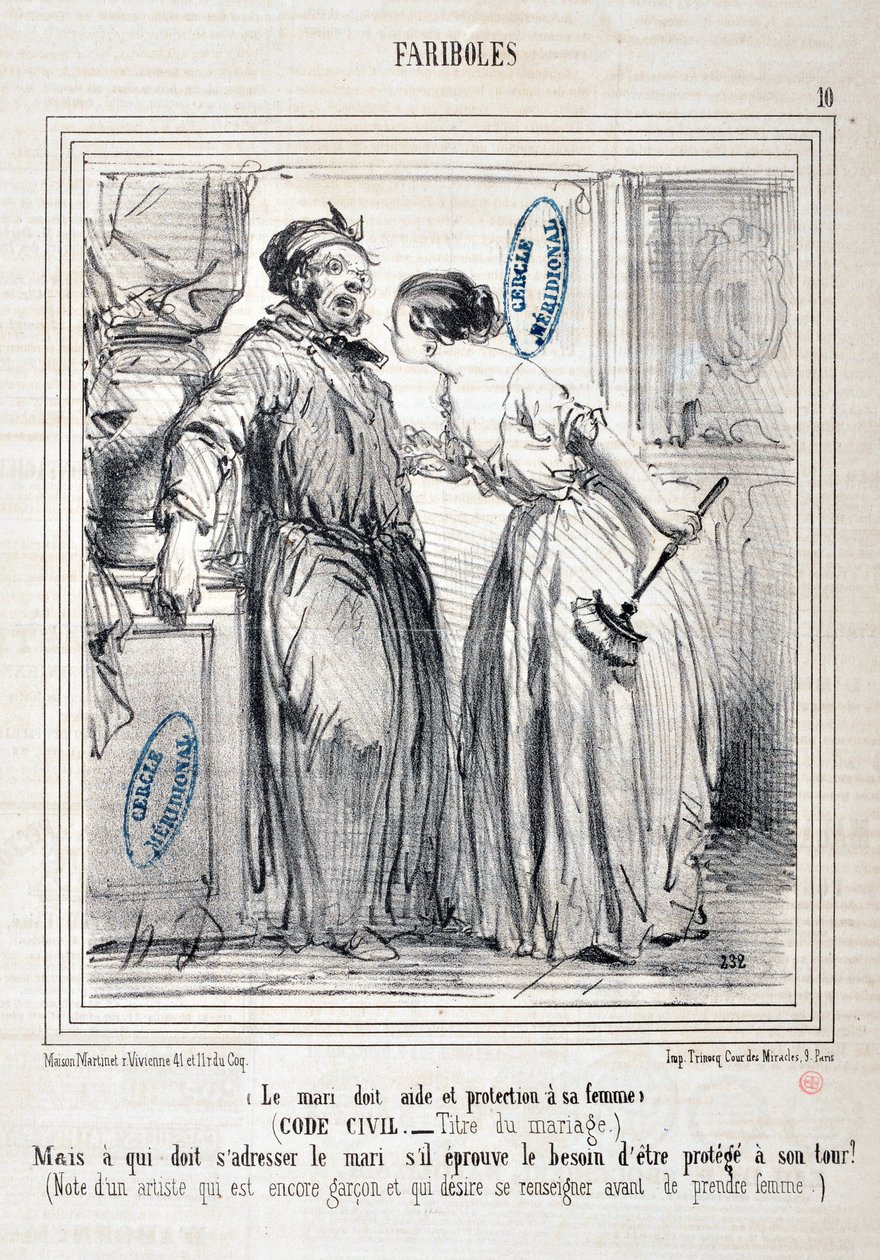 Umělecké dílo od Honore Daumier (1808-1879) Charivari: Serie FARIBOLES Le mari doit aide et protection a sa femme (Občanský zákoník - Title du mariage) „“ -Ale kdo musí oslovit manžela, když cítí potřebu být chráněn obratem? (Poznámka umělce, který je stál od Honoré Daumier