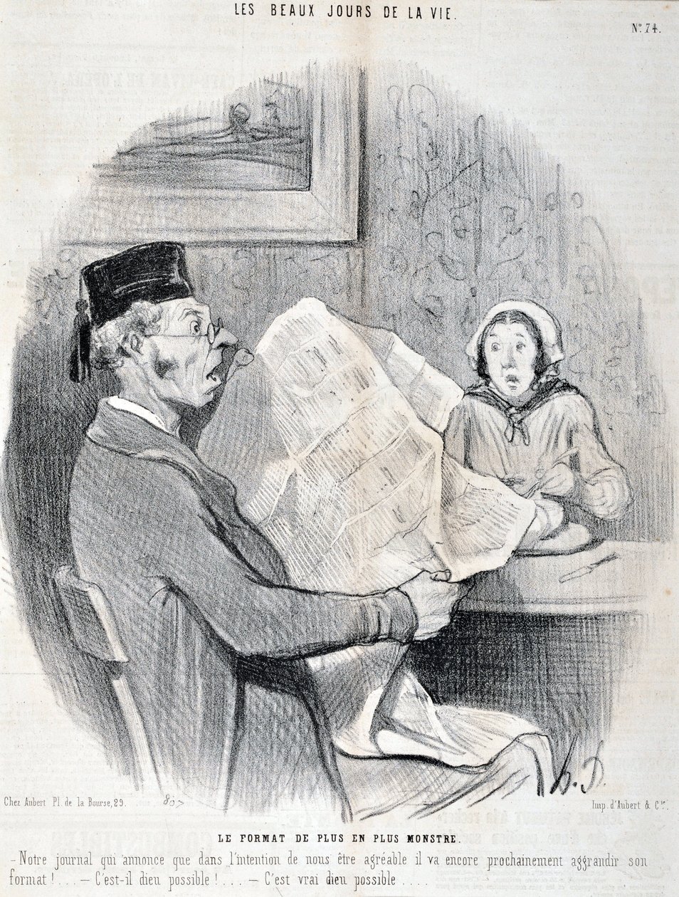 Umělecké dílo Honore Daumiera (1808-1879). Charivari: Serie THE BEAUTY DAYS OF LIFE. Stále monstróznější formát „“ -Naše noviny, které oznamují, že aby vám byly vstřícné, brzy dále rozšíří svůj formát! je to možné bože? „MUZE DES B od Honoré Daumier