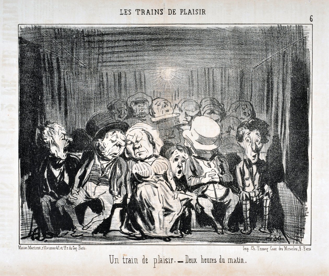 Umělecké dílo Honore Daumiera (1808-1879) Charivari pochází z roku 1852: Serie LES TRAINS DE PLAISIR - Vlak potěšení. - Dvě hodiny ráno. MUZEUM VÝTVARNÉHO UMĚNÍ - PALACE LONGCHAMP, MARSEILLE od Honoré Daumier