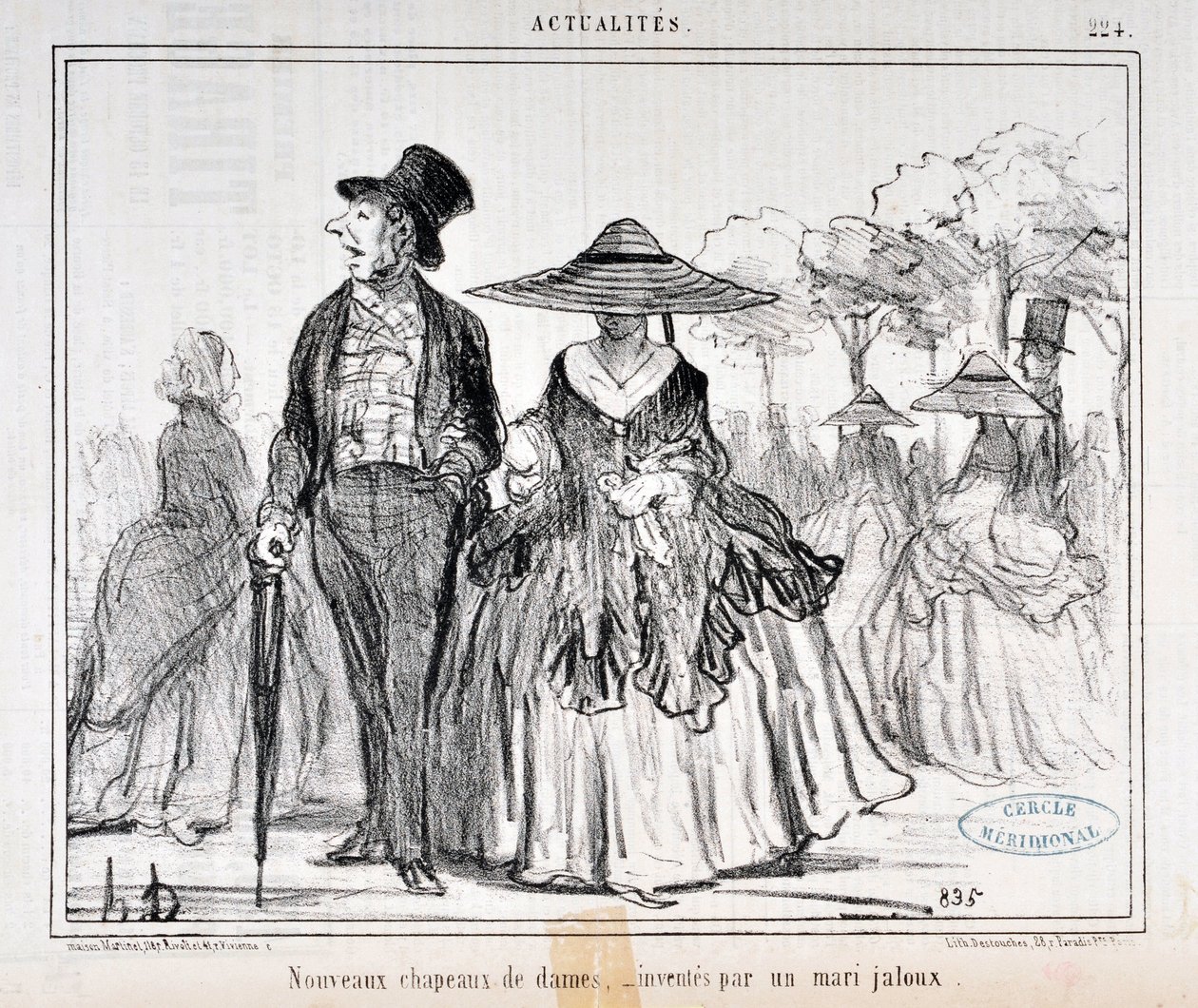 Umělecké dílo Honore Daumier (1808-1879) Charivari pochází z roku 1855: Serie Actualites „“ Nové dámské klobouky, vynalezené žárlivým manželem „“ MUSEE DES BEAUX ARTS - PALAIS LONGCHAMP, MARSEILLE od Honoré Daumier