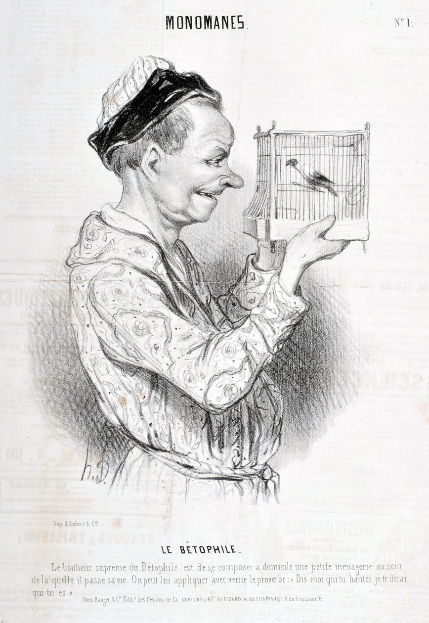 Umělecké dílo Honore Daumiera (1808-1879) Charivari pochází z roku 1840: Serie MONOMANES Le Betophile „“ Největším štěstím Betophila je skládat doma malý zvěřinec, ve kterém tráví svůj život. Přísloví „Řekni mi, kdo tě straší, já ti řeknu koho od Honoré Daumier