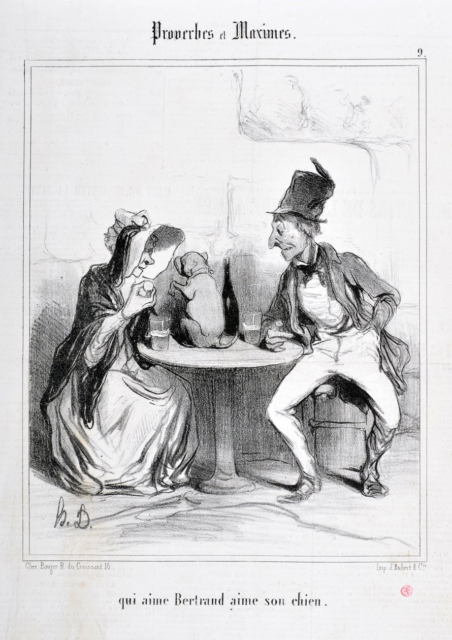 Umělecké dílo Honore Daumiera (1808-1879). Charivari pochází z roku 1840: Serie PROVERBS ET MAXIMES „“kdo miluje Bertranda, miluje svého psa““ MUSEE DES BEAUX ARTS - PALAIS LONGCHAMP, MARSEILLE od Honoré Daumier