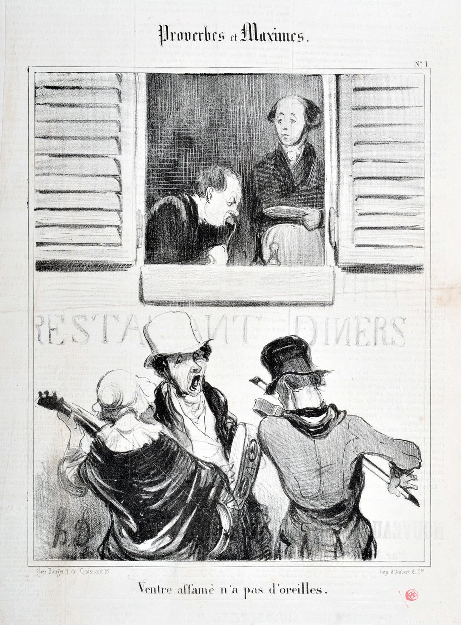 Umělecké dílo Honore Daumiera (1808-1879). Charivari pochází z roku 1840: Serie PROVERBS ET MAXIMES “” Hladovění břicha nemá uši”” ”MUSEE DES BEAUX ARTS - PALAIS LONGCHAMP, MARSEILLE od Honoré Daumier