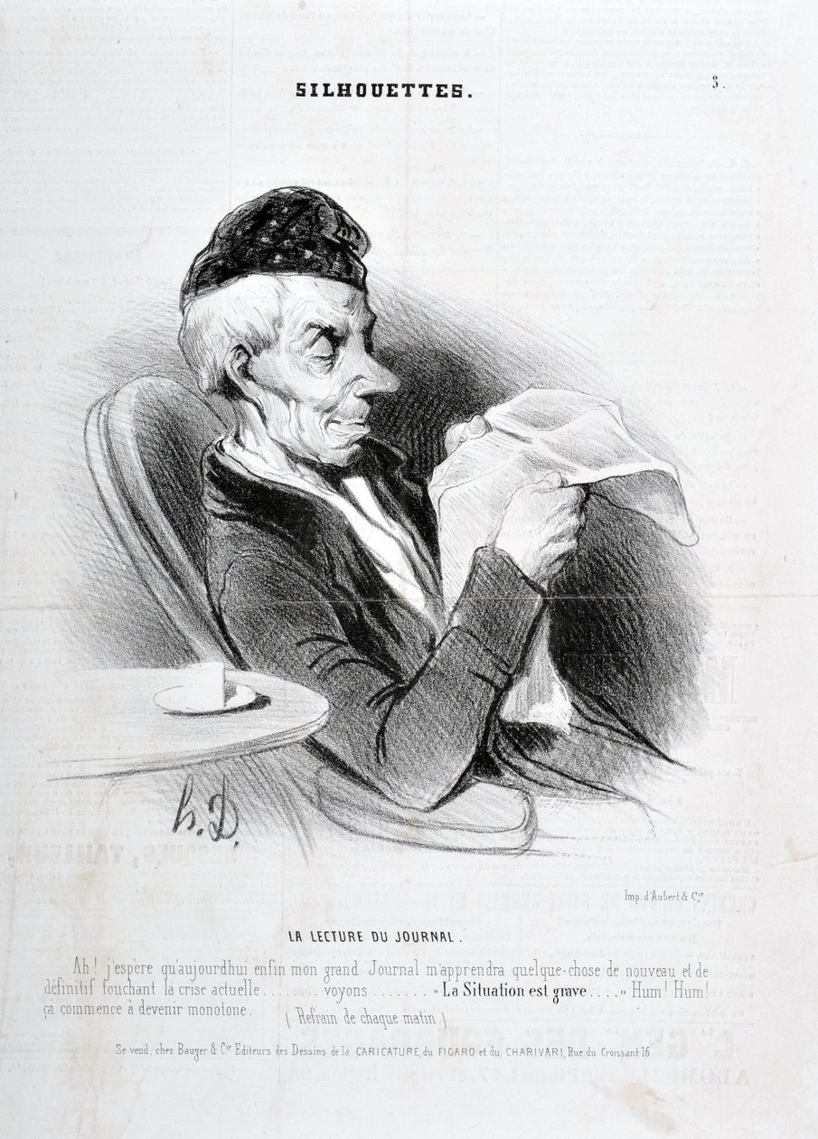 Umělecké dílo Honore Daumiera (1808-1879). Charivari pochází z roku 1840: série SOUXETTES „“ Čtení novin „“ MUSEE DES BEAUX ARTS - PALAIS LONGCHAM od Honoré Daumier