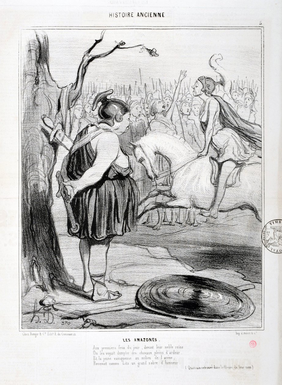 Umělecké dílo Honore Daumiera (1808-1879) Charivari pochází z roku 1842: Serie HISTORIE ANCIE Les Amazones. "" Při prvním požáru toho dne byli před svou vznešenou královnou spatřeni, jak krotí koně plné zápalu. A mladý vítěz uprostřed arény od Honoré Daumier