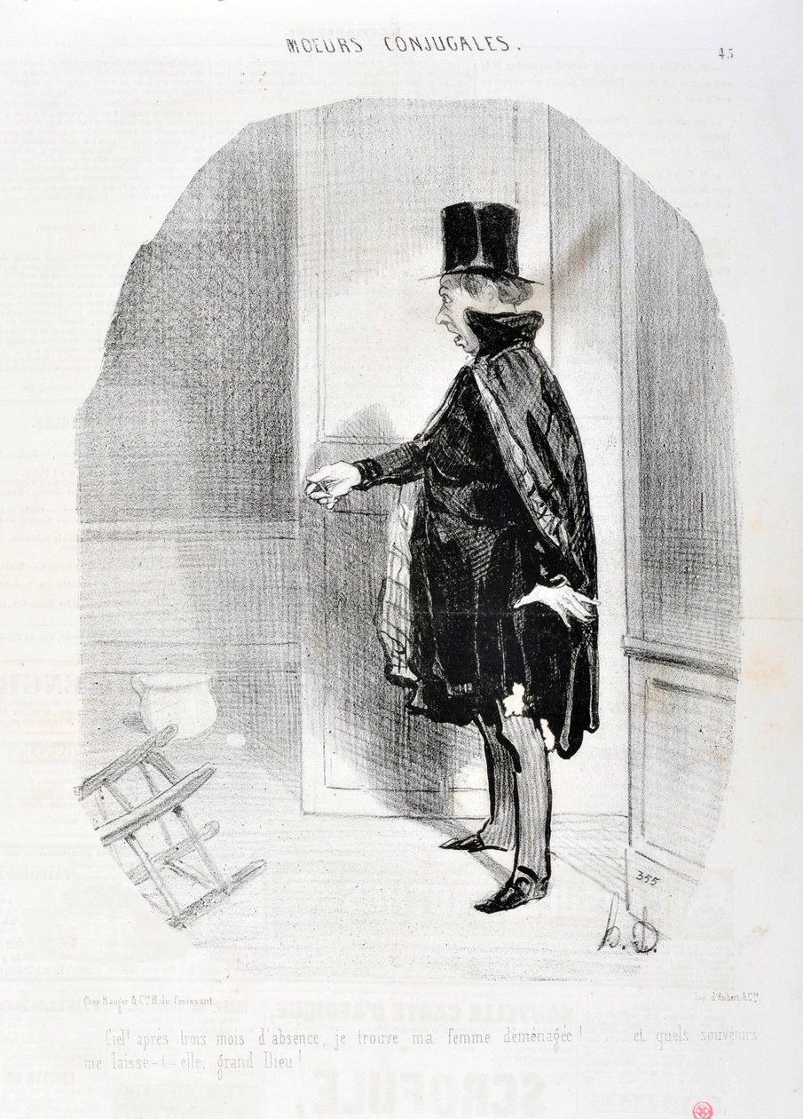 Umělecké dílo Honore Daumiera (1808-1879). Charivari pochází z roku 1842: Serie MORES CONJUALES „“ Nebe po třech měsících nepřítomnosti nacházím svou ženu v demenageu a jaké vzpomínky omývám jejím velkým Bohem! “” MUZEUM VÝTVARNÉHO UMĚNÍ - PALACE LONGCHAMP od Honoré Daumier