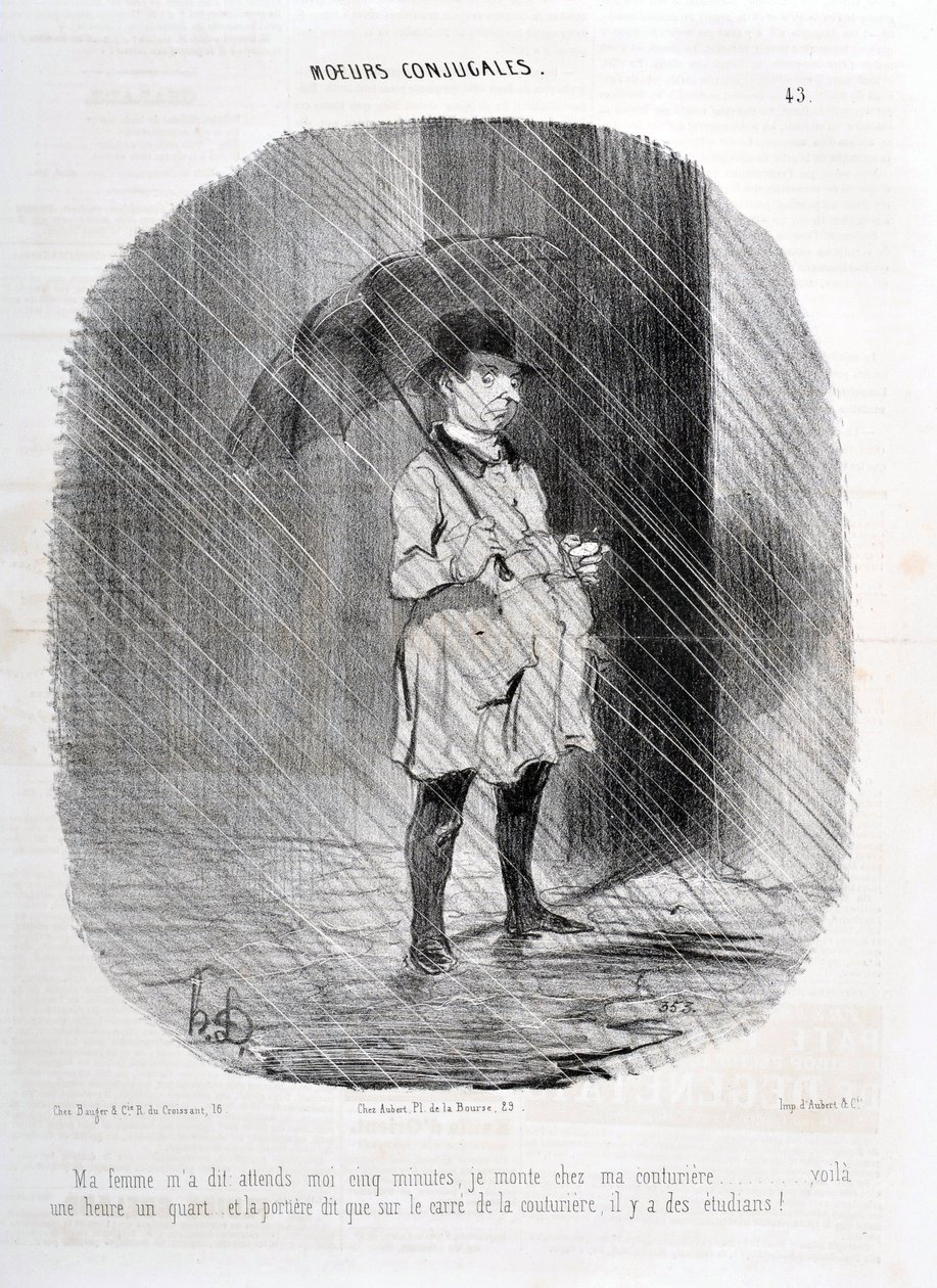 Umělecké dílo Honore Daumiera (1808-1879). Charivari pochází z roku 1842: Serie MORES CONJUALES „“ Moje žena mi řekla, počkejte na mě pět minut, jdu do svého couturiere před hodinou před čtvrt hodinou a na dveřích je napsáno, že na náměstí couturiere jsou  od Honoré Daumier