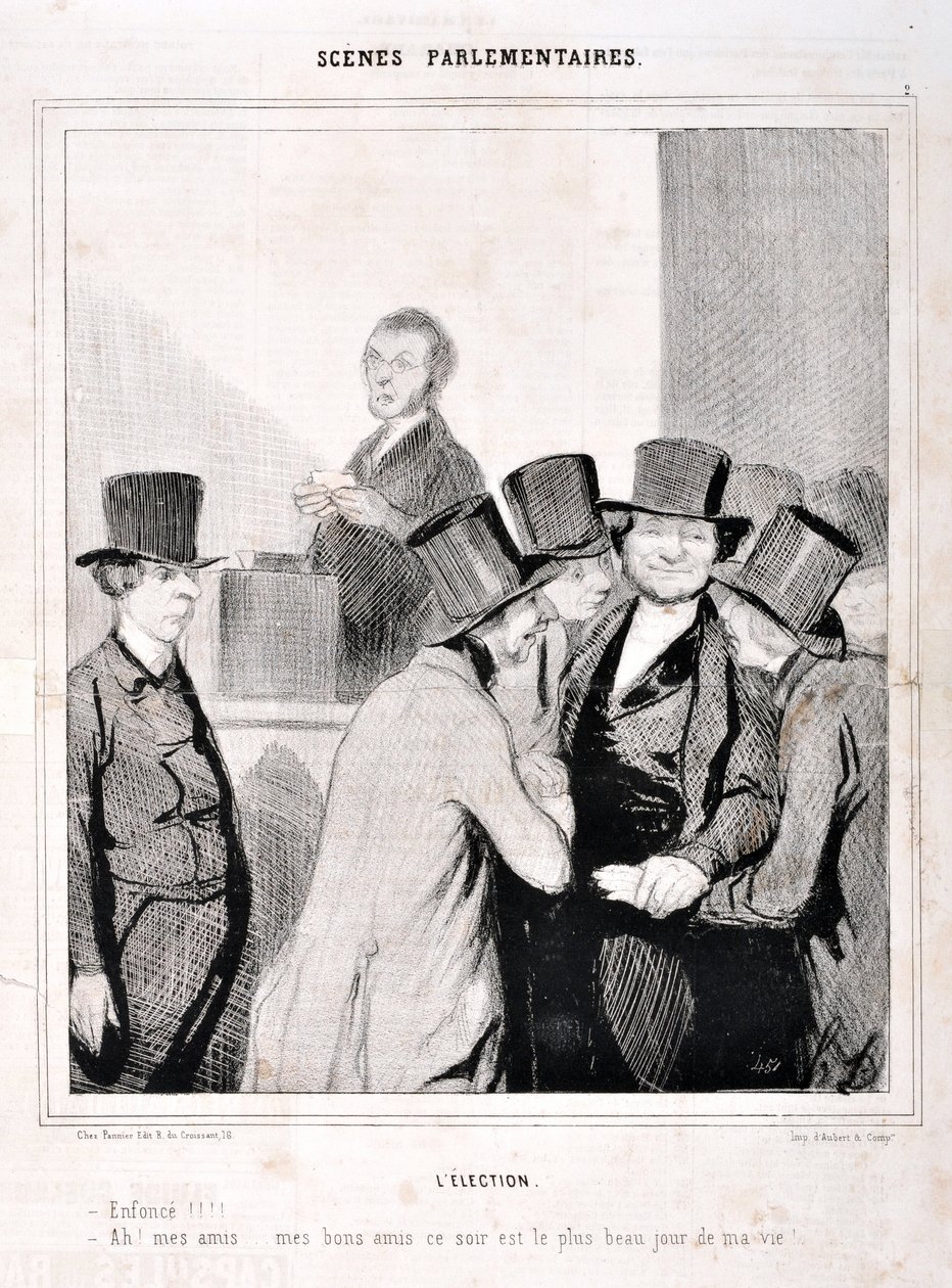 Umělecké dílo Honore Daumiera (1808-1879). Charivari pochází z roku 1843: Serie SCENES PARLAMENTARY. Volební „“ Plavat!!! "Ach, přátelé, moji dobří přátelé, dnešní noc je nejdůležitějším dnem mého života!" MUZEUM VÝTVARNÉHO UMĚNÍ - PALACE LONGCHAMP, MARSEI od Honoré Daumier