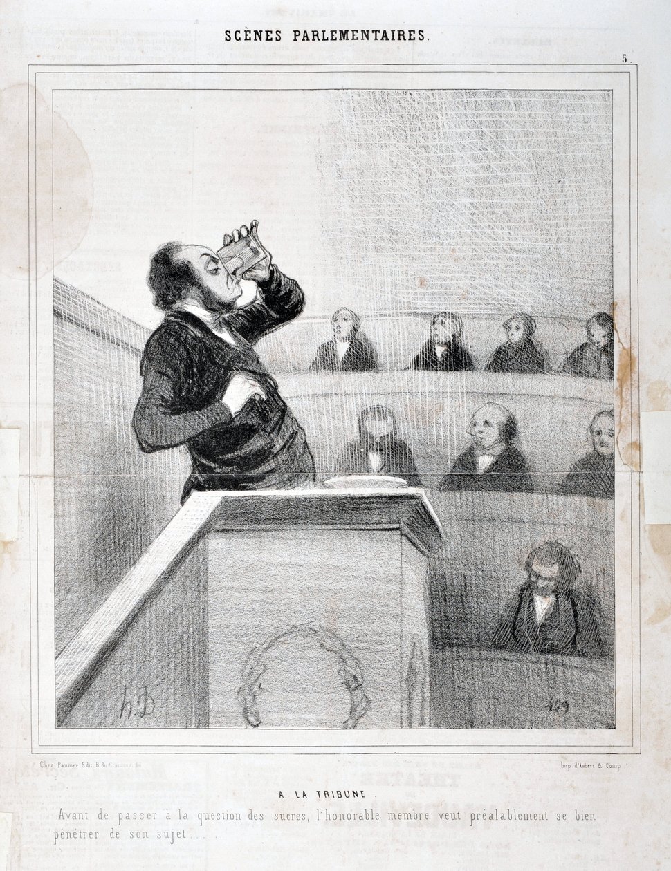 Umělecké dílo Honore Daumiera (1808-1879). Charivari pochází z roku 1843: Serie SCENES PARLAMENTARY. V galerii - Než přejdeme k otázce cukrů, vážení. člen chce o svém předmětu dobře přemýšlet”” MUSEE DES BEAUX ARTS - PALAIS LONGCHAMP, MARS od Honoré Daumier