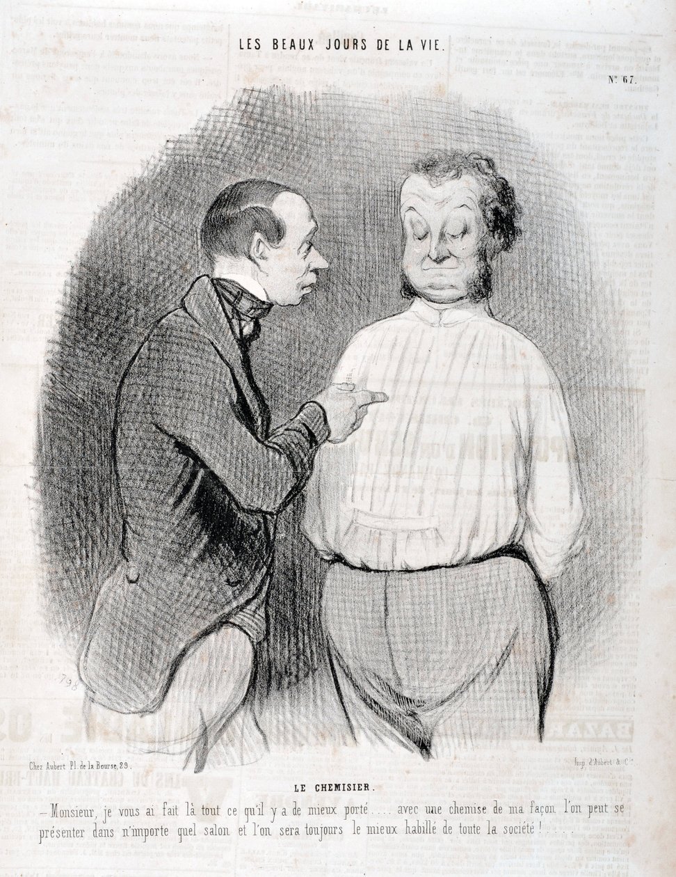 Umělecké dílo Honore Daumiera (1808-1879). Charivari pochází z roku 1845: Serie LES BEAUX DAYS DE LA VIE. Halenka „“ -Pane, udělal jsem ti nejlepší oblečení... s košilí podle mě se můžeš prezentovat v každém obývacím pokoji a vždy budeme nejlépe oblečení i od Honoré Daumier