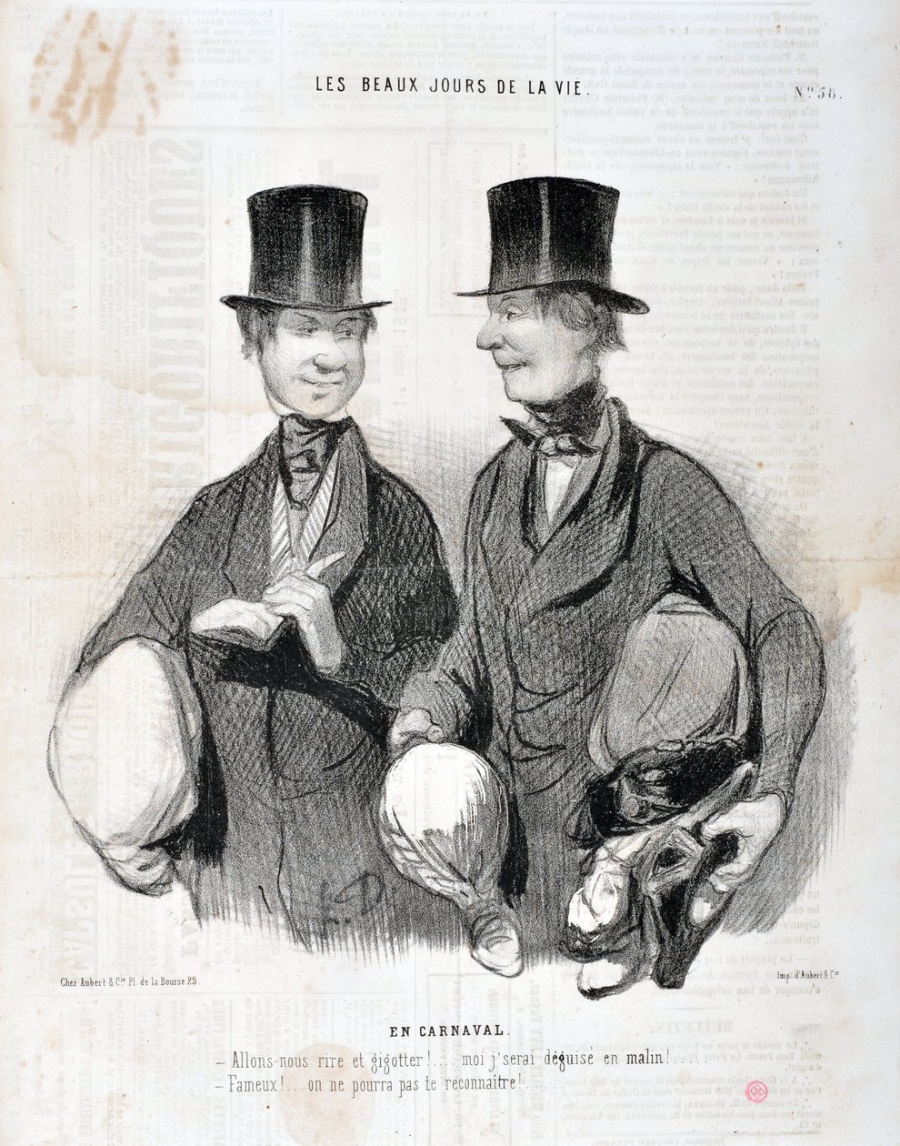 Umělecké dílo Honore Daumiera (1808-1879). Charivari pochází z roku 1845: Serie LES BEAUX DAYS DE LA VIE. V karnevalu "" - Pojďme se smát a higot! Jako chytrý budu zklamaný! Slavný! Nemůžeme vás poznat...“ MUZEUM VÝTVARNÉHO UMĚNÍ - PALACE LONGCHAMP, MARSEI od Honoré Daumier