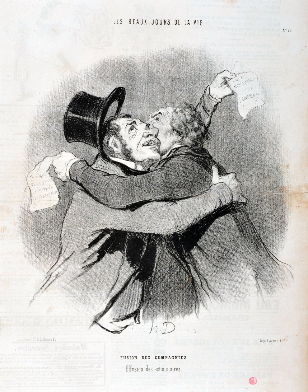 Umělecké dílo Honore Daumiera (1808-1879). Charivari pochází z roku 1845: Serie LES BEAUX DAYS DE LA VIE. Fúze společností - Odpad akcionářů. MUZEUM VÝTVARNÉHO UMĚNÍ - PALACE LONGCHAMP, MARSEILLE od Honoré Daumier