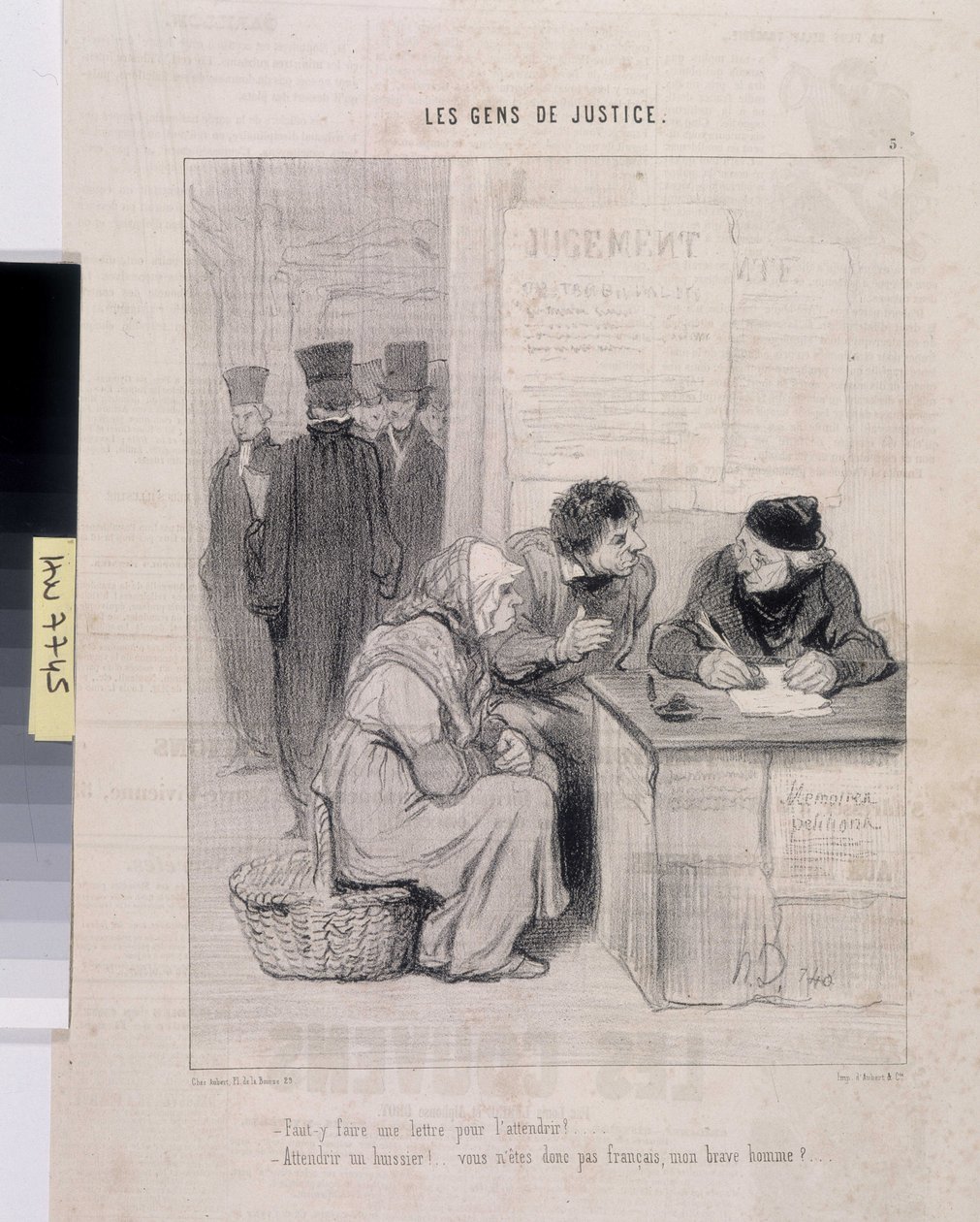 Dílo Honore Daumiera (1808-1879). Charivari pochází z roku 1845: Série LES PEANS DE JUSTICE. "Musíte napsat dopis, abyste ho učinili něžným? - Navštěvovat soudního vykonavatele! Nejste snad Francouz, dobrý muži?" Rozměr 37,5x28. Výňatek z novin Le" Chariva od Honoré Daumier