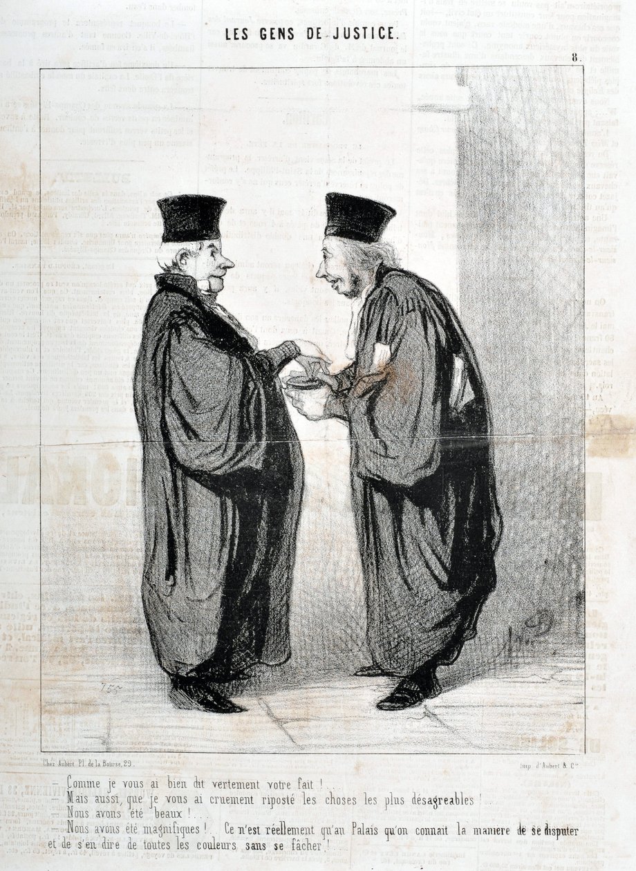 Umělecké dílo Honore Daumiera (1808-1879). Charivari pochází z roku 1845: Serie LES PEOPLES DE JUSTICE “” -Jak jsem vám řekl, opravdu váš fakt! Byli jsme krásní. Byli jsme krásní!... opravdu jen v Palais známe způsob, jak se o tom hádat a mluvit od Honoré Daumier