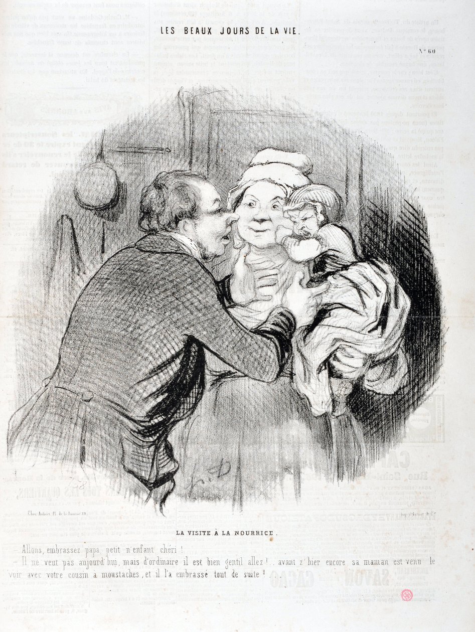 Umělecké dílo Honore Daumiera (1808-1879). Charivari pochází z roku 1848: Serie Les beaux jours de la vie. Návštěva sestřičky - Polibme tatínka malé dítě miláčku - Dnes nechce, ale obvykle...”” MUZEUM VÝTVARNÝCH UMĚNÍ - PALACE LONGCHAMP, MARSEILLE od Honoré Daumier