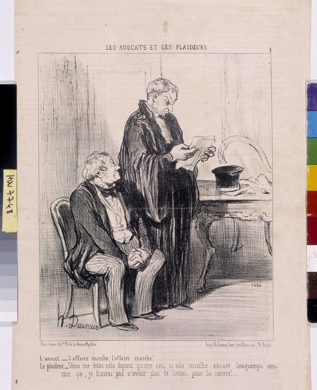 Umělecké dílo Honore Daumiera (1808-1879). Charivari pochází z roku 1851: Serie LES Avocats et les litigants. „Advokát – případ funguje, případ funguje! Soudce – říkáš mi to už čtyři roky, když pořád chodí tak dlouho, že skončím s m od Honoré Daumier
