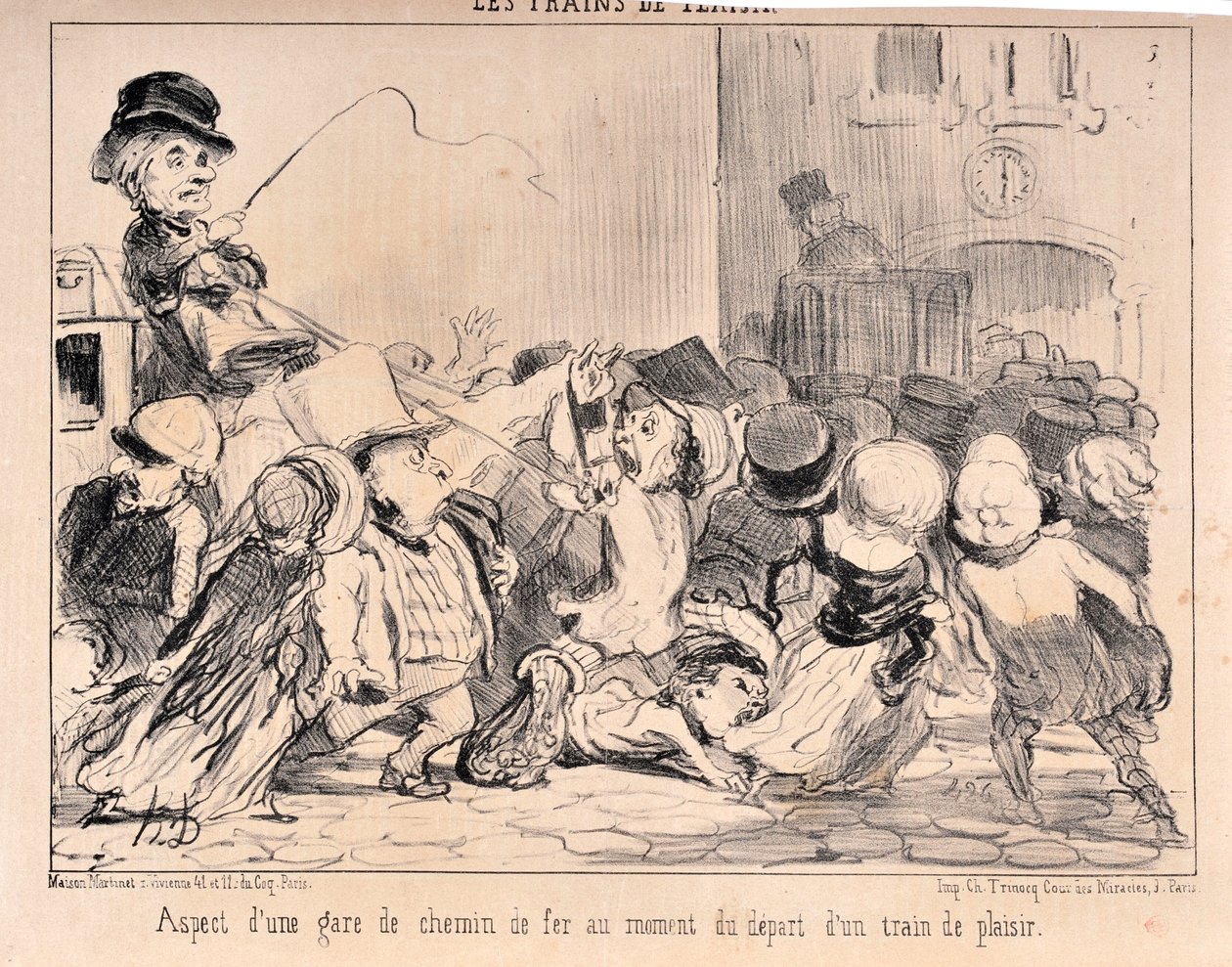 Umělecké dílo Honore Daumiera (1808-1879). Charivari pochází z roku 1852: Serie LES TRAINS DE PLAISURE Vzhled nádraží v době odjezdu výletního vlaku MUSEE DES BEAUX ARTS - PALAIS LONGCHAMP, MARSEILLE od Honoré Daumier