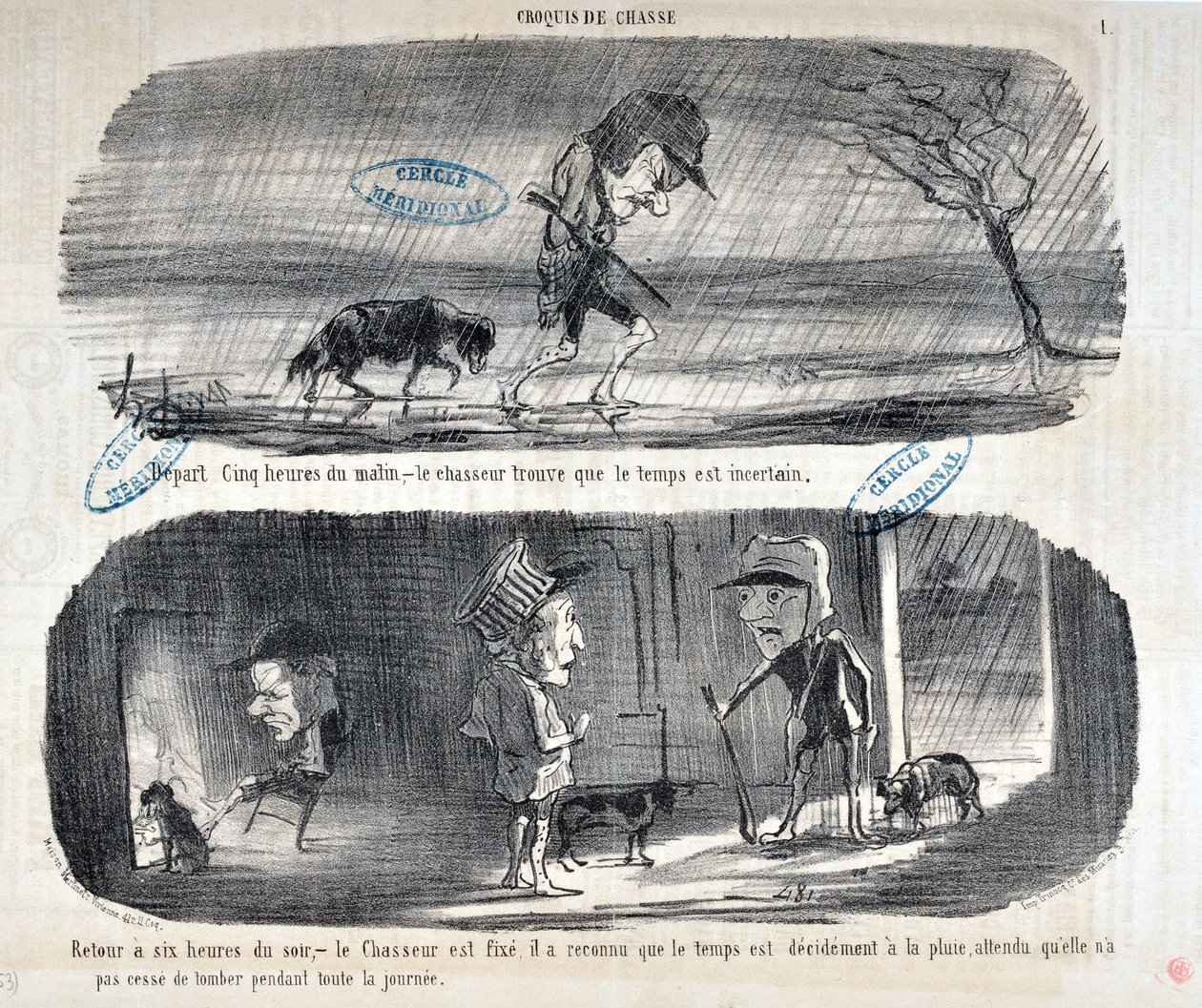 Umělecké dílo Honore Daumiera (1808-1879) Charivari pochází z roku 1853: Serie Sketches de Chasse “” Odjezd Pět hodin matin, - le chasseur zjistí, že počasí je nejisté””” “” Zpět do šesté hodiny večer, - lovec je opravený, poznal to od Honoré Daumier