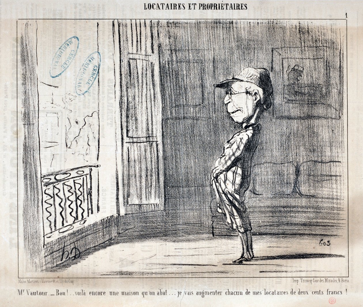 Umělecké dílo od Honore Daumiera (1808-1879) Charivari pochází z roku 1854: Serie TENNIQUES ET OWNIRES „“ Pane Vautour – Bon!... Toto je další sestřelený dům... Každému ze svých nájemníků navýším o dvě stě franků! “ MUZEUM VÝTVARNÉHO UMĚNÍ - PALACE LONGCHA od Honoré Daumier