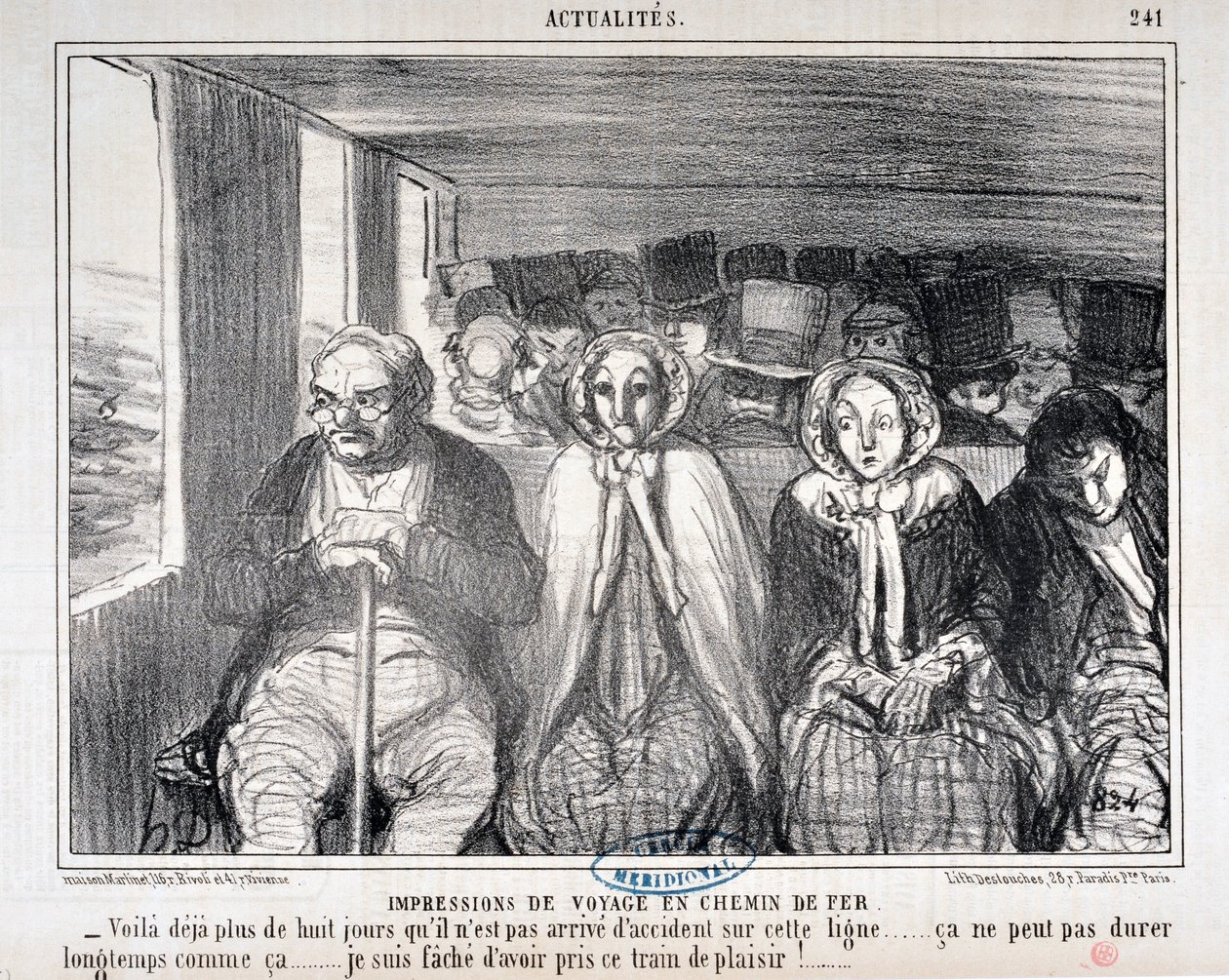 Umělecké dílo Honore Daumiera (1808-1879) Charivari pochází z roku 1855: Serie Actualites de voyage en railroad “” -Tady je více než osm dní, co se na této trati nestala nehoda... takhle to nemůže trvat dlouho. .. Je mi líto, že jsem jel tímto vlakem od Honoré Daumier