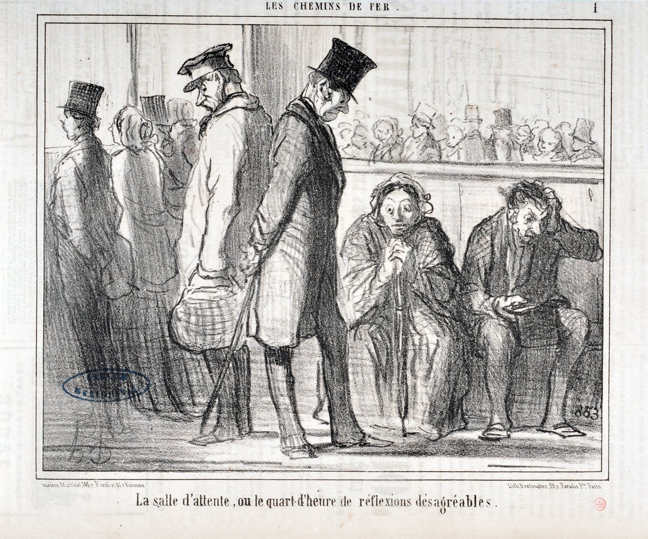 Umělecké dílo Honore Daumiera (1808-1879). Charivari pochází z roku 1855: Serie LES Chemins de fer "" Čekárna nebo čtvrthodina nepříjemných reflexů""" MUSEE DES BEAUX ARTS - PALAIS LONGCHAMP, MARSEILLE od Honoré Daumier