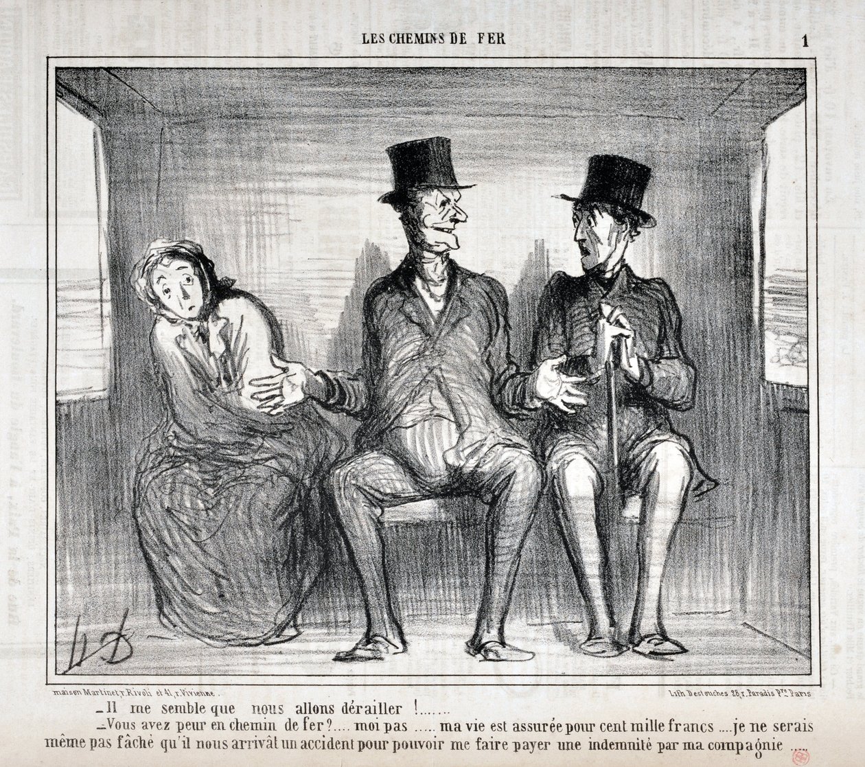 Umělecké dílo Honore Daumiera (1808-1879). Charivari pochází z roku 1857: Serie LES RAILWAYS „“ Zdá se mi, že vykolejíme!... Bojíš se na železnici?... já ne... můj život je pojištěn na sto tisíc franků... I se ani nechci bát th od Honoré Daumier